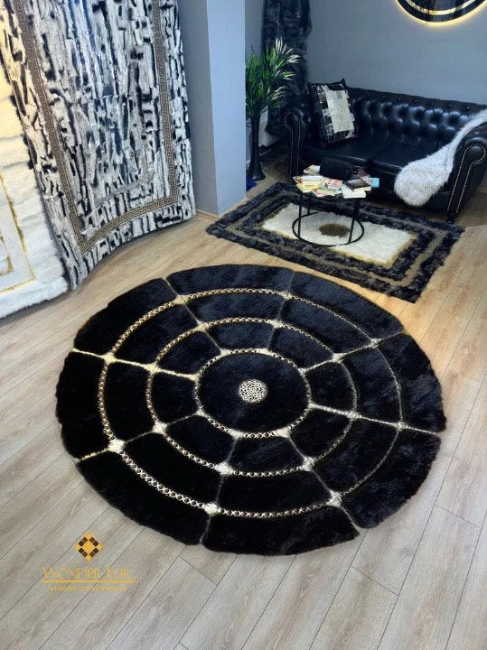 Luxury Black Gold  Geometric Plush Faux Fur Bedroom Round Carpet