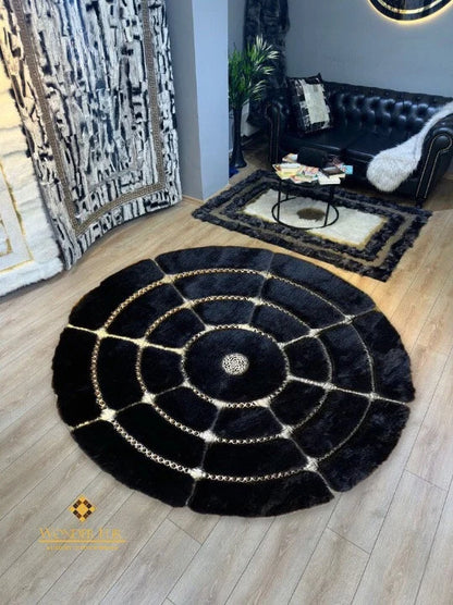 Luxury Black Gold  Geometric Plush Faux Fur Bedroom Round Carpet