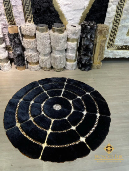 Luxury Black Gold  Geometric Plush Faux Fur Bedroom Round Carpet