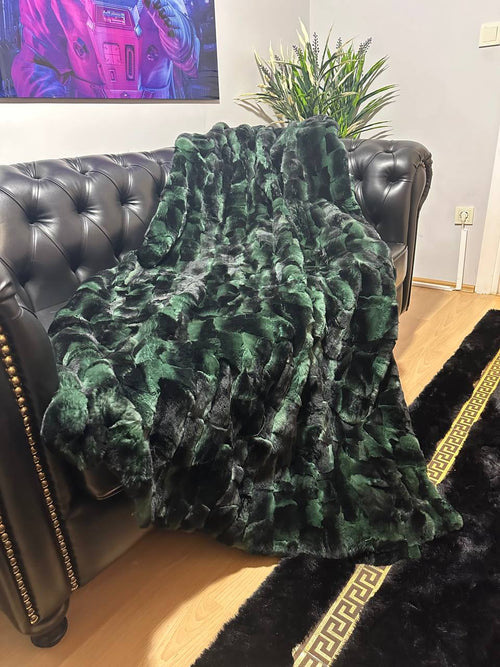 Luxury Real Green Rabbit Fur Blanket, Personalized Rabbit Fur Blanket Throw, Handmade Genuine Fur Blanket, Fur Bedspread, Unique Sofa Cover