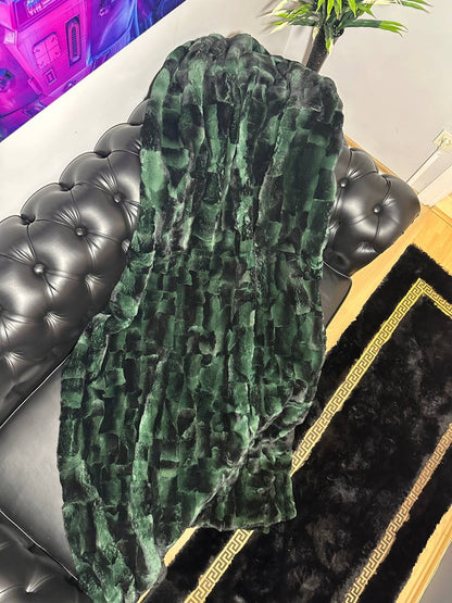 Luxury Real Green Rabbit Fur Blanket, Personalized Rabbit Fur Blanket Throw, Handmade Genuine Fur Blanket, Fur Bedspread, Unique Sofa Cover