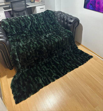 Luxury Real Green Rabbit Fur Blanket, Personalized Rabbit Fur Blanket Throw, Handmade Genuine Fur Blanket, Fur Bedspread, Unique Sofa Cover