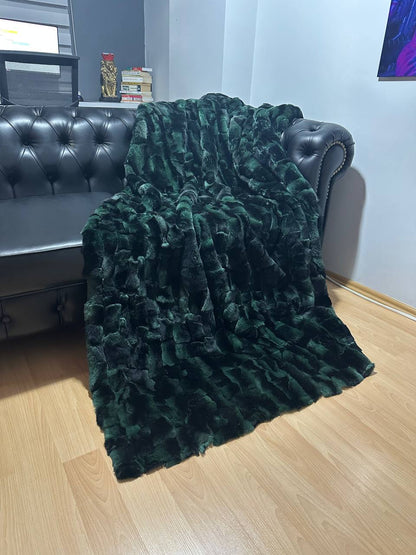 Luxury Real Green Rabbit Fur Blanket, Personalized Rabbit Fur Blanket Throw, Handmade Genuine Fur Blanket, Fur Bedspread, Unique Sofa Cover