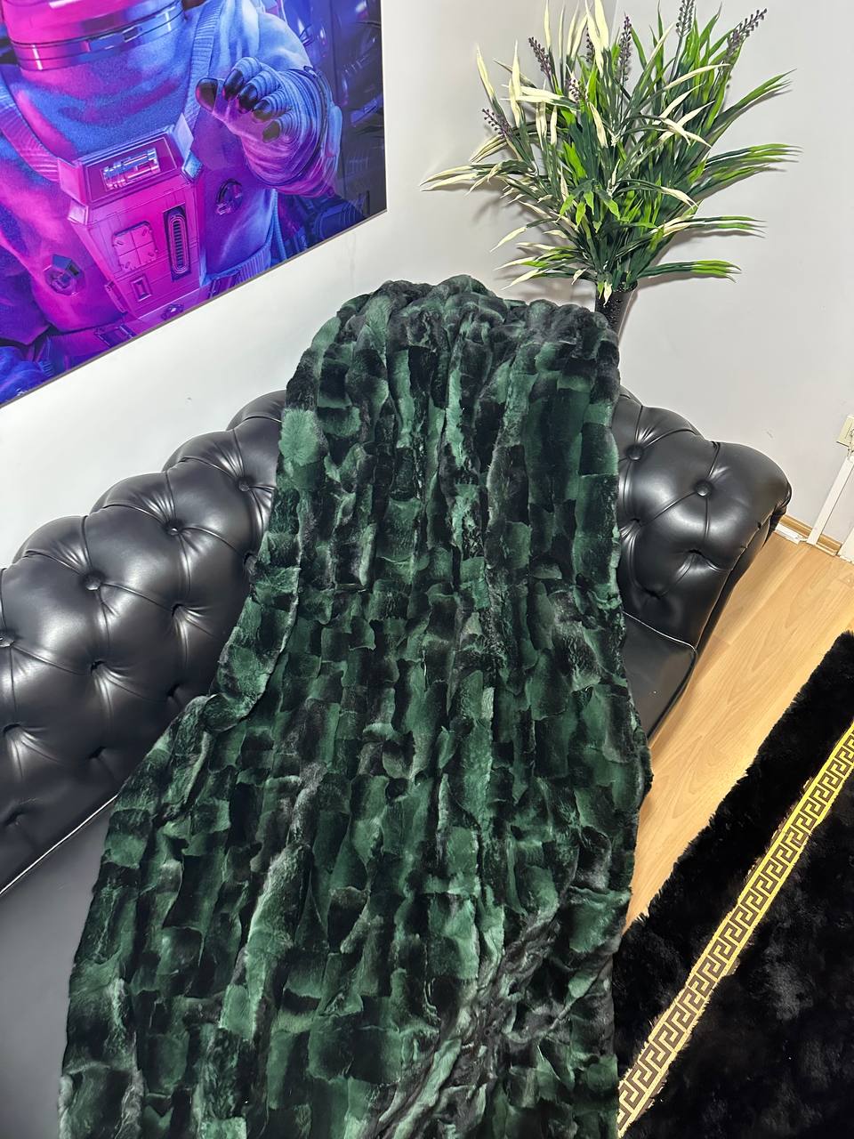 Luxury Real Green Rabbit Fur Blanket, Personalized Rabbit Fur Blanket Throw, Handmade Genuine Fur Blanket, Fur Bedspread, Unique Sofa Cover