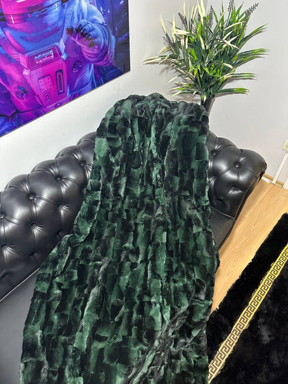Luxury Real Green Rabbit Fur Blanket, Personalized Rabbit Fur Blanket Throw, Handmade Genuine Fur Blanket, Fur Bedspread, Unique Sofa Cover