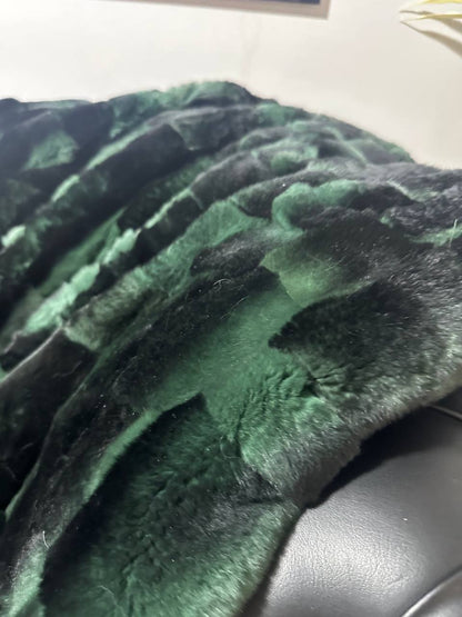 Luxury Real Green Rabbit Fur Blanket, Personalized Rabbit Fur Blanket Throw, Handmade Genuine Fur Blanket, Fur Bedspread, Unique Sofa Cover