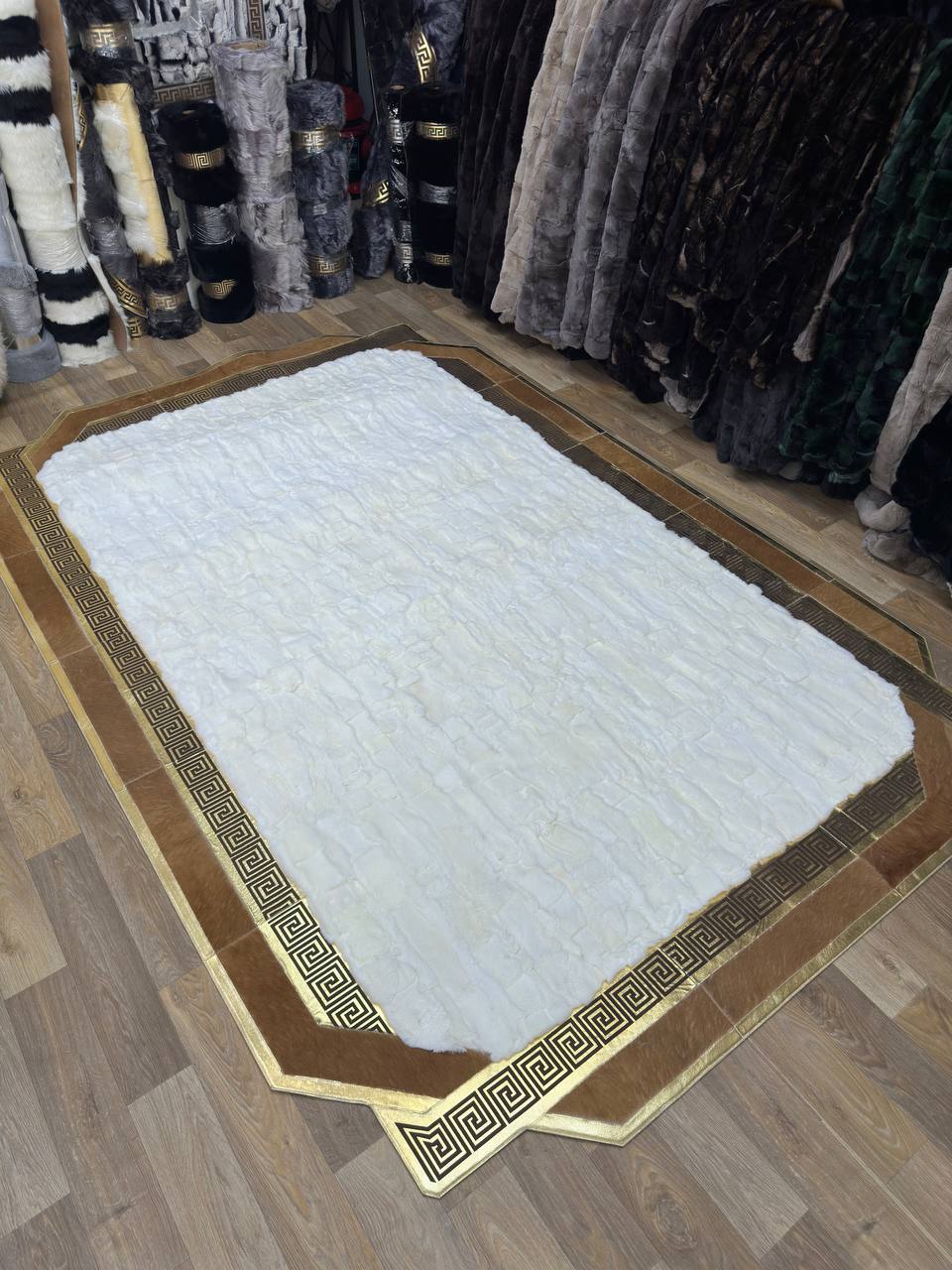 Handmade  White Brown Natural Soft Rabbit Fur Rug