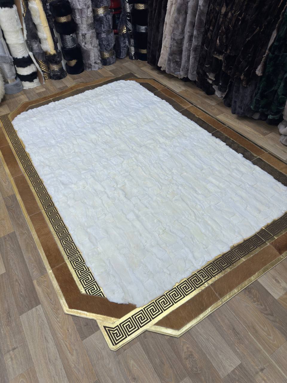 Handmade  White Brown Natural Soft Rabbit Fur Rug