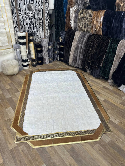 Handmade  White Brown Natural Soft Rabbit Fur Rug