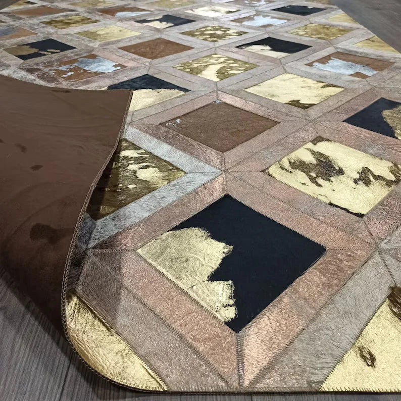 Mix Color 100% Genuine Cowhide Patchwork Rug, Handmade Natural Cow Skin Carpet