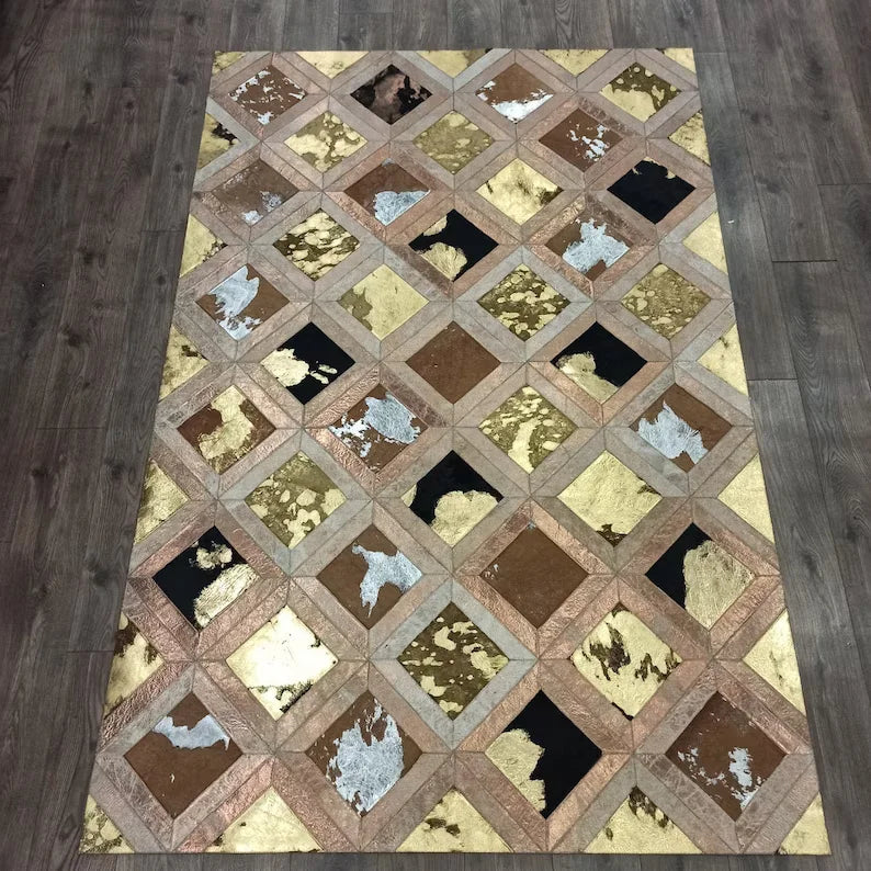 Mix Color 100% Genuine Cowhide Patchwork Rug, Handmade Natural Cow Skin Carpet