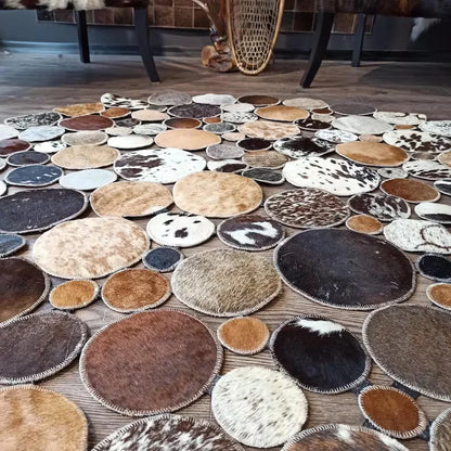 Mix Color 100% Natural Cowhide Round Rug, Handmade Hair on Leather Rug