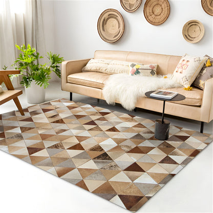 Mix Color Brown Cowhide Patchwork Rug for Living Room, Natural Handmade Area Rug