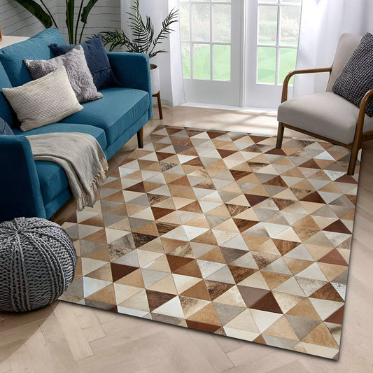 Mix Color Brown Cowhide Patchwork Rug for Living Room, Natural Handmade Area Rug