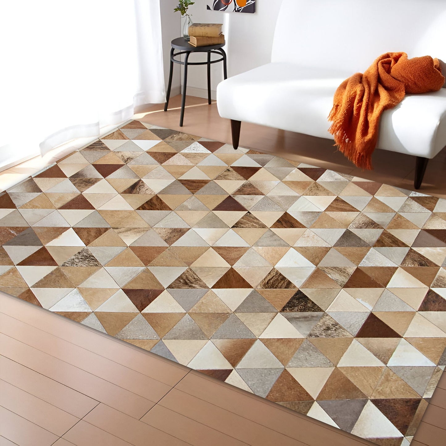 Mix Color Brown Cowhide Patchwork Rug for Living Room, Natural Handmade Area Rug