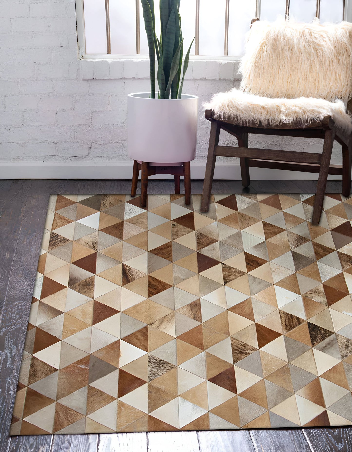 Mix Color Brown Cowhide Patchwork Rug for Living Room, Natural Handmade Area Rug