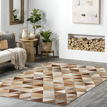 Mix Color Brown Cowhide Patchwork Rug for Living Room, Natural Handmade Area Rug