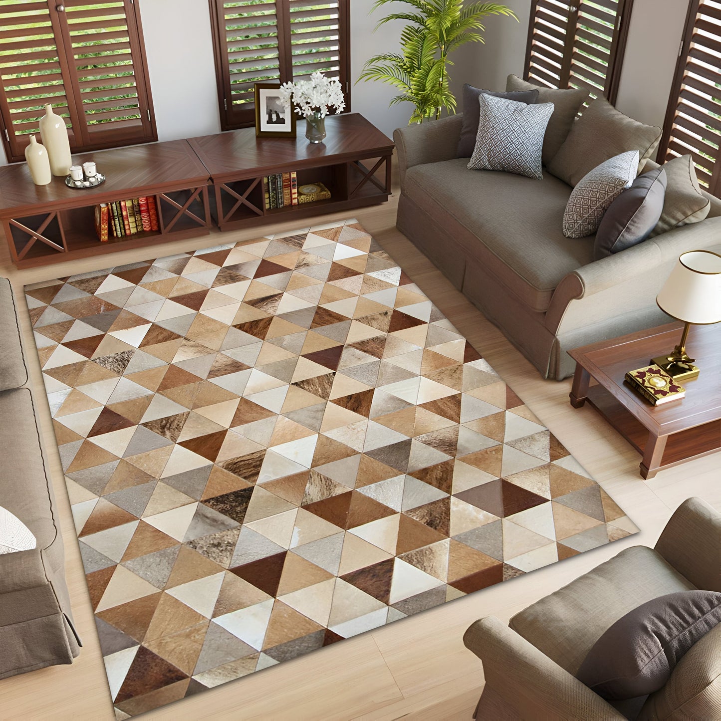 Mix Color Brown Cowhide Patchwork Rug for Living Room, Natural Handmade Area Rug