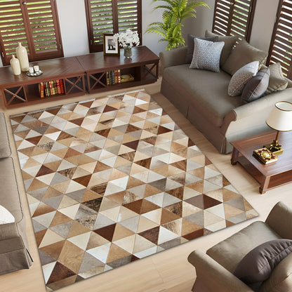 Mix Color Brown Cowhide Patchwork Rug for Living Room, Natural Handmade Area Rug