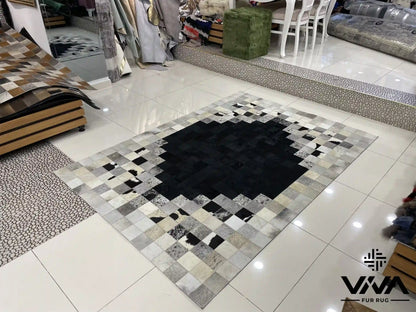 Modern Designed Silver and Black Genuine Cowhide Area Rug