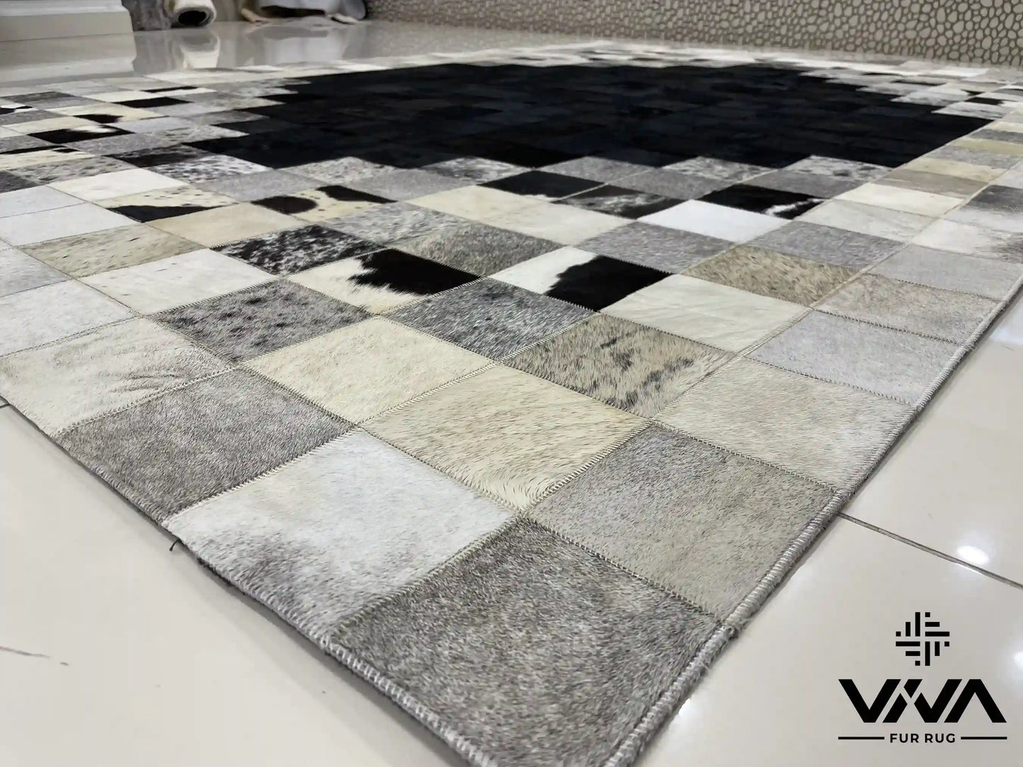 Modern Designed Silver and Black Genuine Cowhide Area Rug