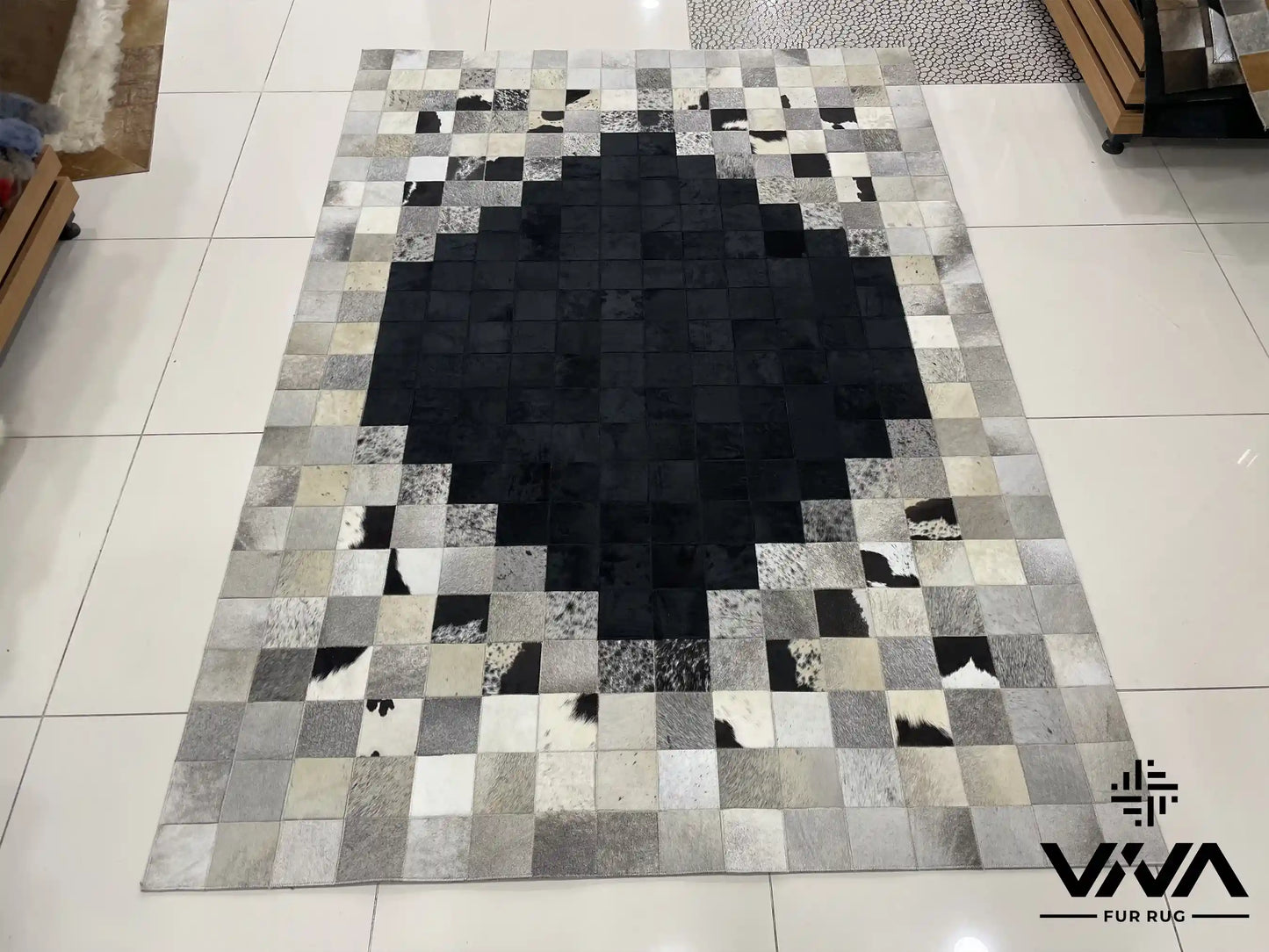 Modern Designed Silver and Black Genuine Cowhide Area Rug