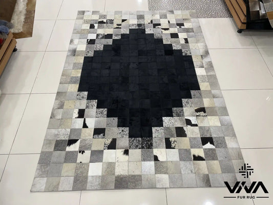 Modern Designed Silver and Black Genuine Cowhide Area Rug