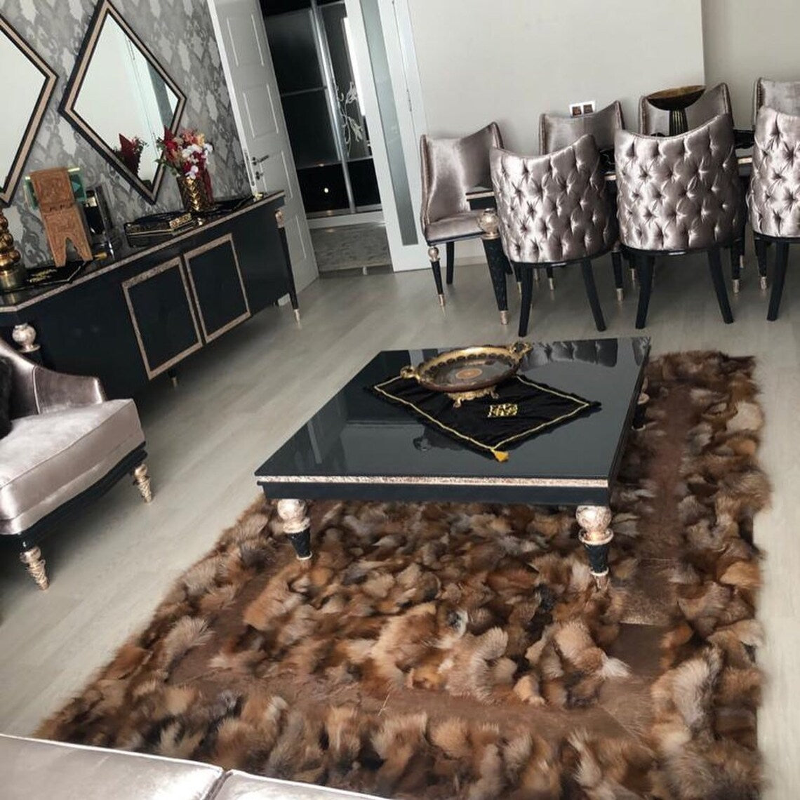 Modern Genuine Brown Fox Fur Living Room Rug ,Handmade Soft Fluffy Rug