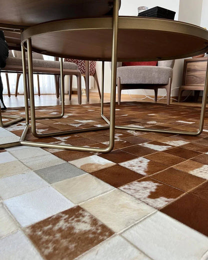 Modern Handmade Brown And White Genuine Cowhide Rug , Scandinavian Rug