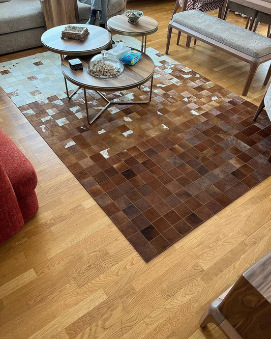Modern Handmade Brown And White Genuine Cowhide Rug , Scandinavian Rug