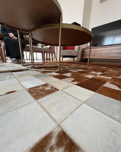 Modern Handmade Brown And White Genuine Cowhide Rug , Scandinavian Rug