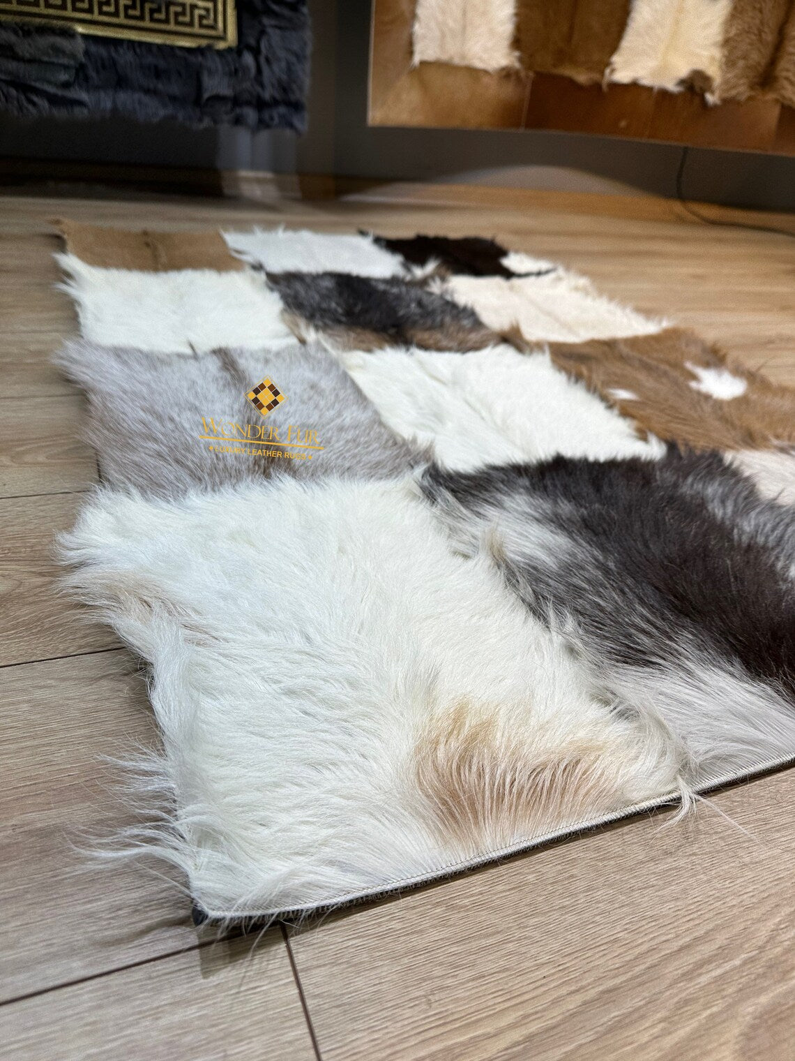 Modern Handmade Multicolor Goatskin Soft Rug , Luxury Fluffy Area Rug