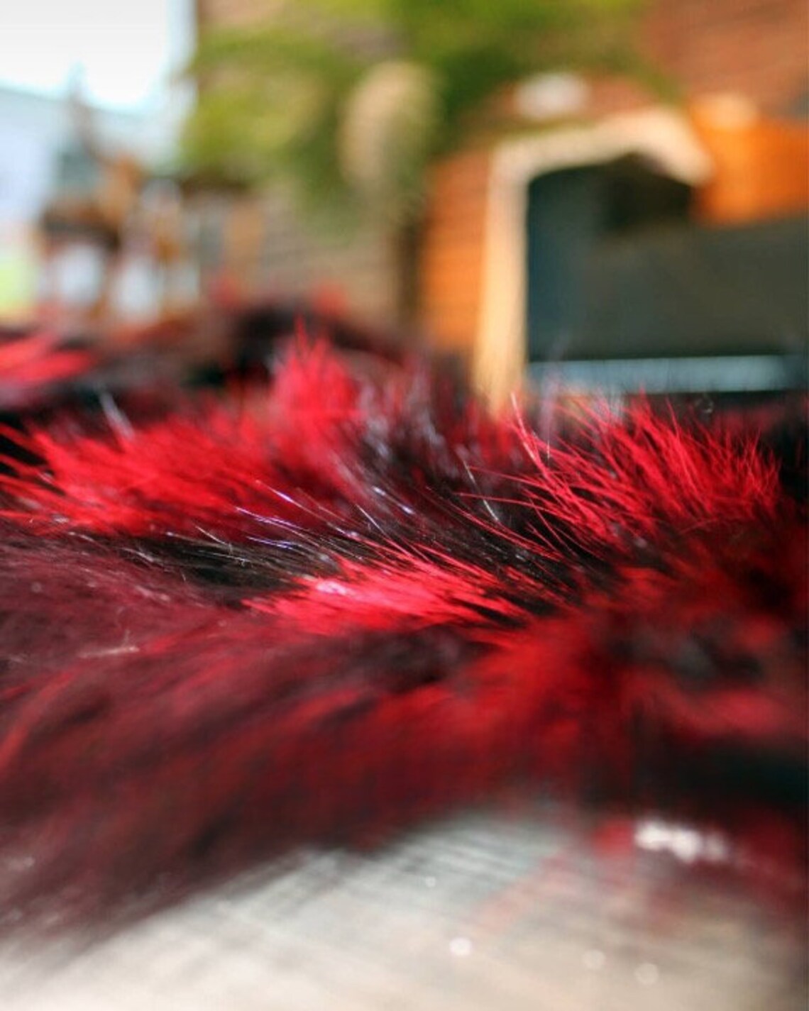 Modern Handmade Red And Black Fox Fur Rug , Genuine Fluffy Soft Rug