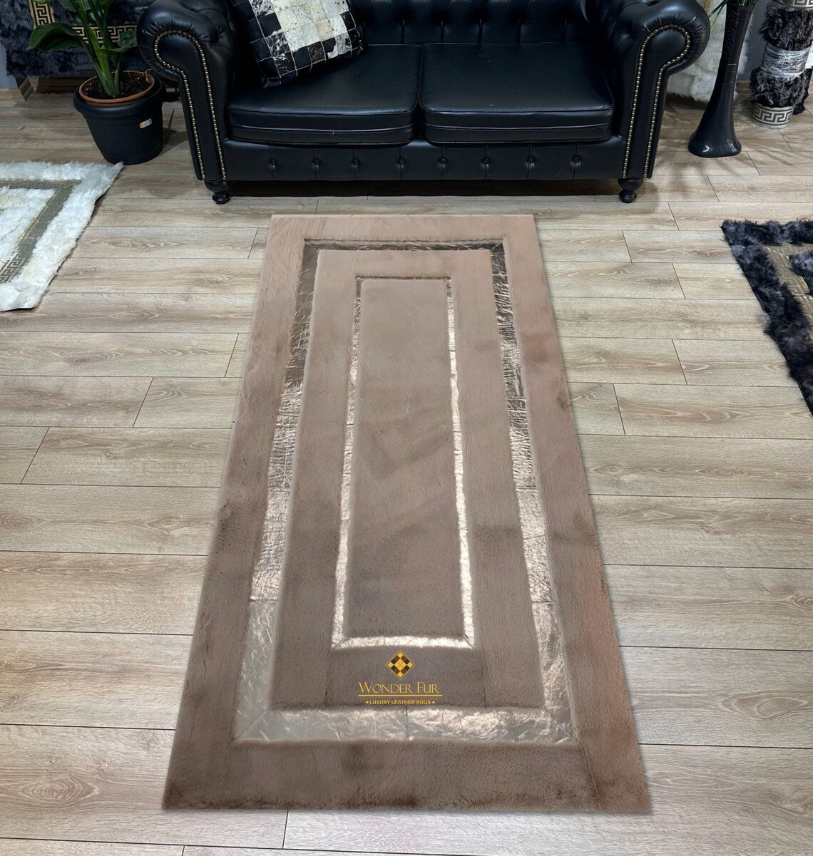 Modern Plush Brown And Gold Faux Fur Office Rug , Handmade Soft Carpet