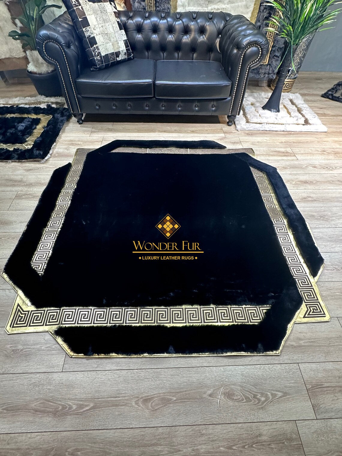 Modern Plush Extra Soft Black And Gold Faux Fur Large Living Room Rug