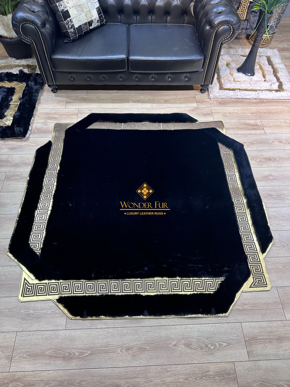 Modern Plush Extra Soft Black And Gold Faux Fur Large Living Room Rug