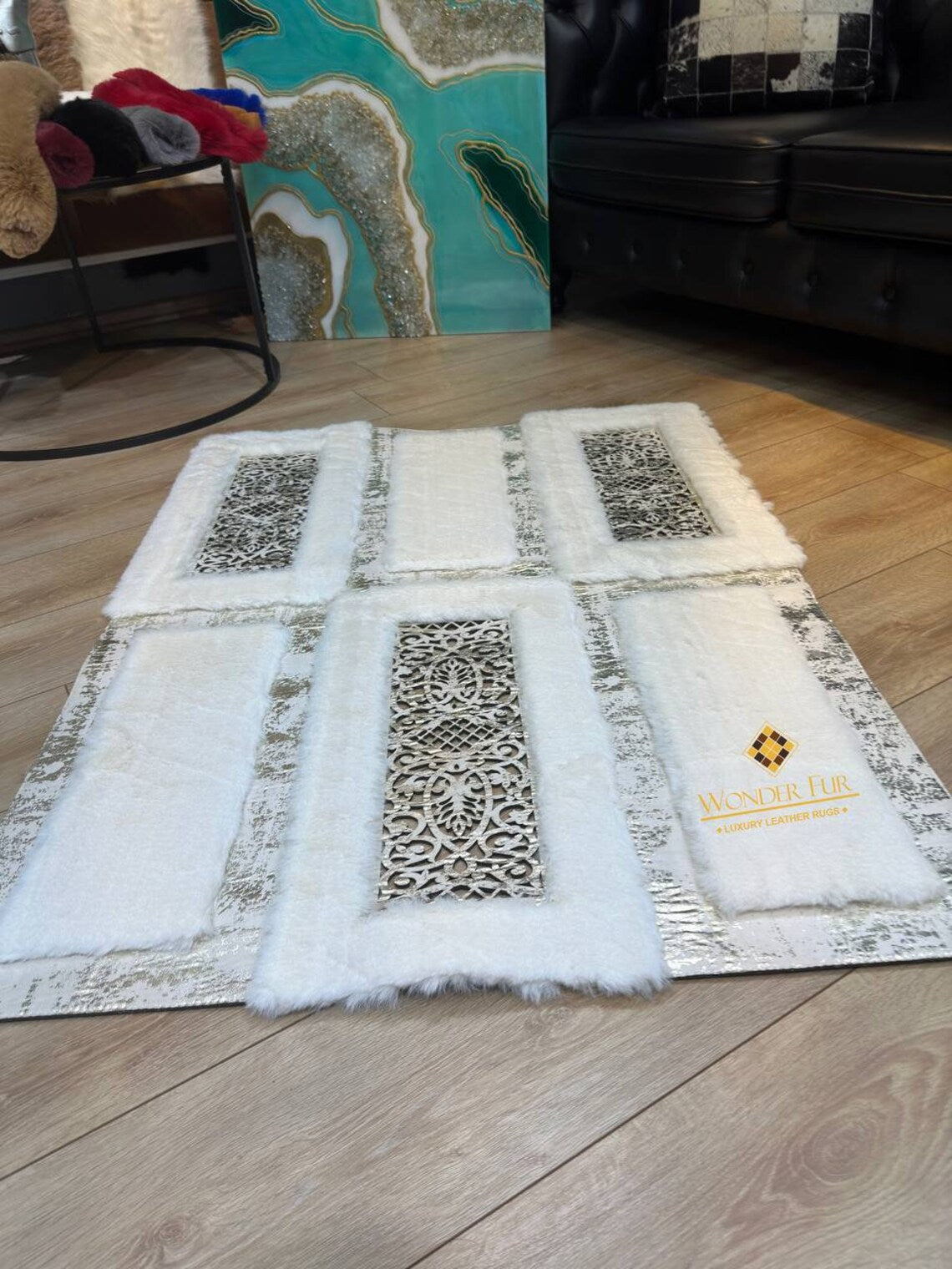 Modern Soft Elegant White Faux Fur Bedroom Rug , Handmade Luxury Rug