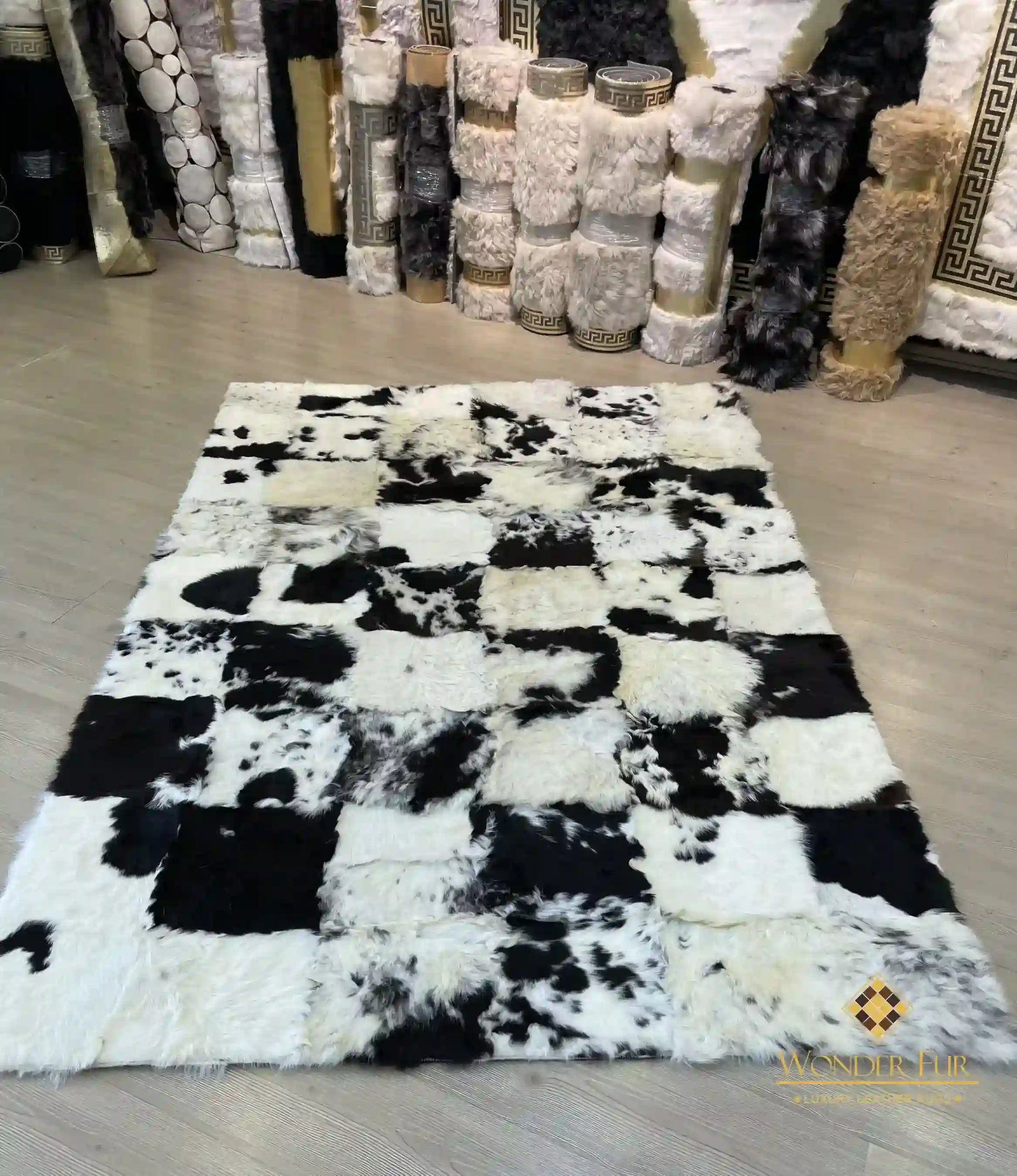 Unique Handmade Black White Natural Sheepskin Office Soft Fluffy Rug