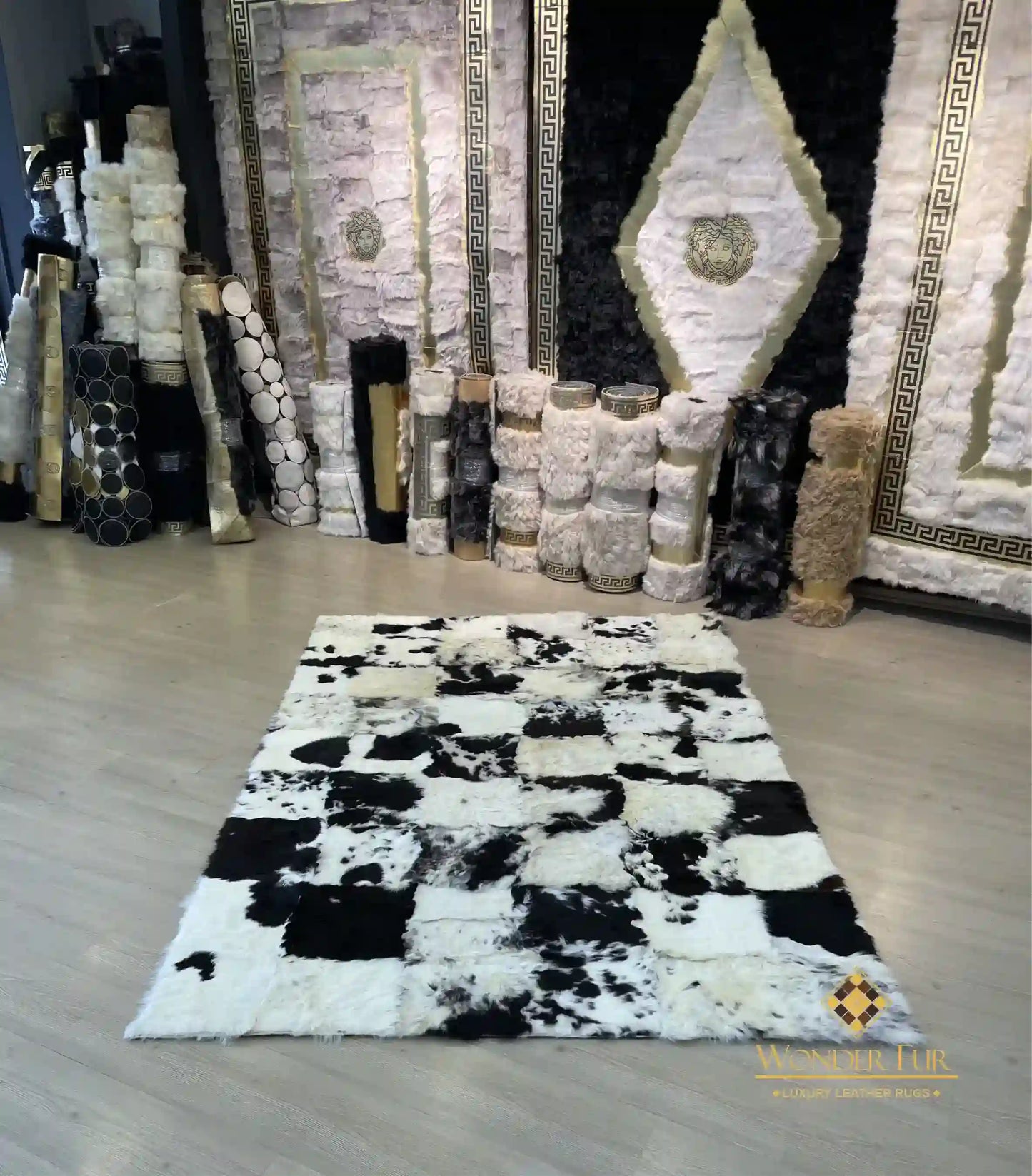 Unique Handmade Black White Natural Sheepskin Office Soft Fluffy Rug