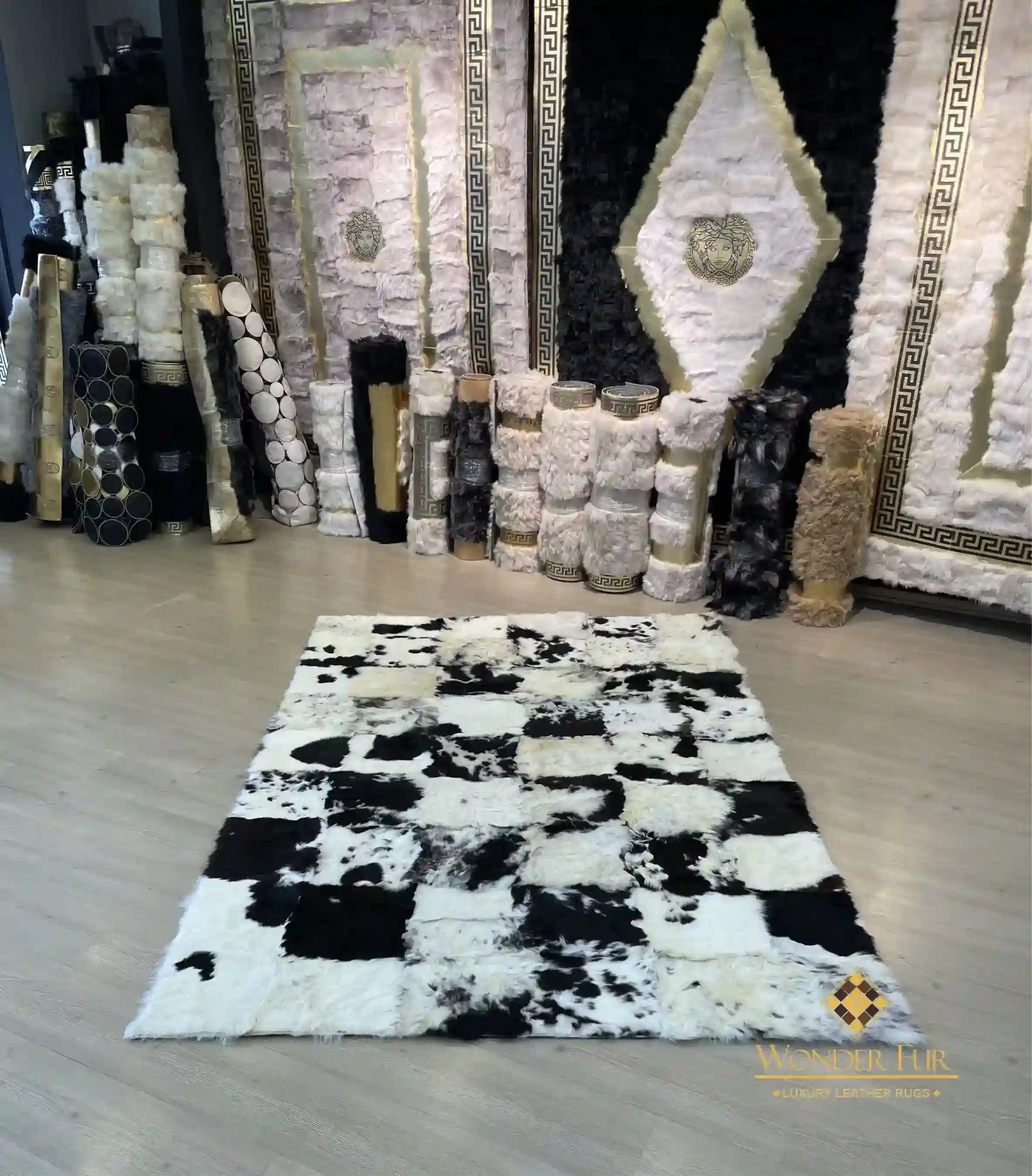Unique Handmade Black White Natural Sheepskin Office Soft Fluffy Rug