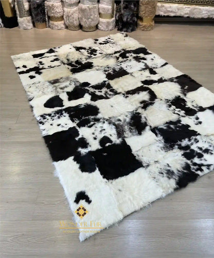 Unique Handmade Black White Natural Sheepskin Office Soft Fluffy Rug