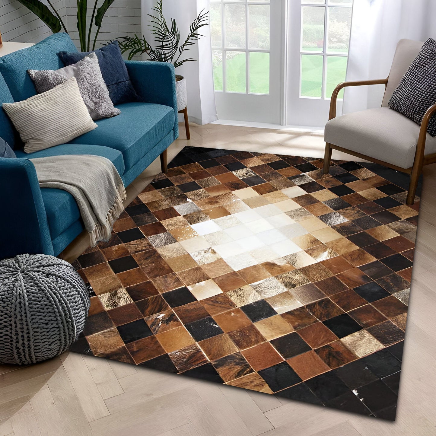 Multicolor Cowhide Patchwork 10x8 Rug, High Quality Natural Leather Handcrafted Rug