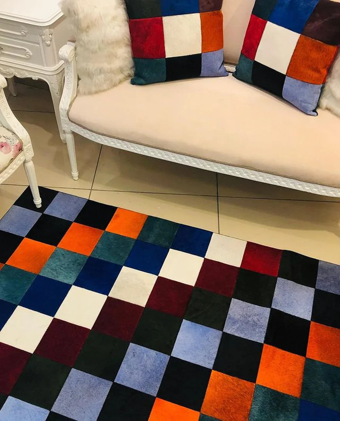 Multicolor Handmade Real Cowhide Living Room Rug ,Non Slip Leather Rug