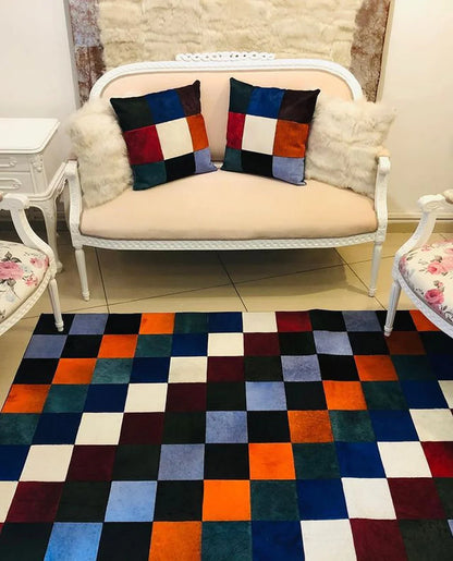 Multicolor Handmade Real Cowhide Living Room Rug ,Non Slip Leather Rug