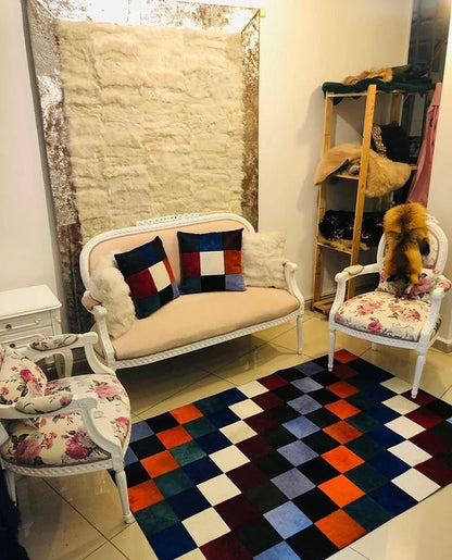 Multicolor Handmade Real Cowhide Living Room Rug ,Non Slip Leather Rug