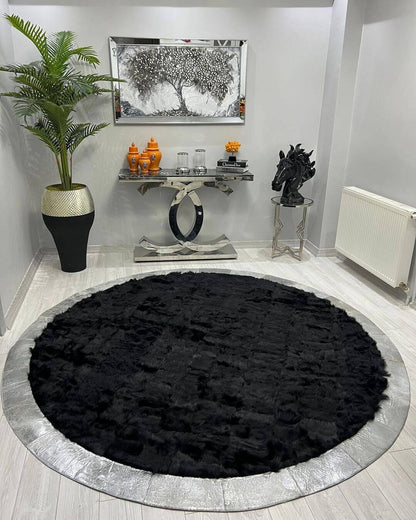 Natural Black Silver Sheepskin Round Area Rug, Fur Rug for Living Room