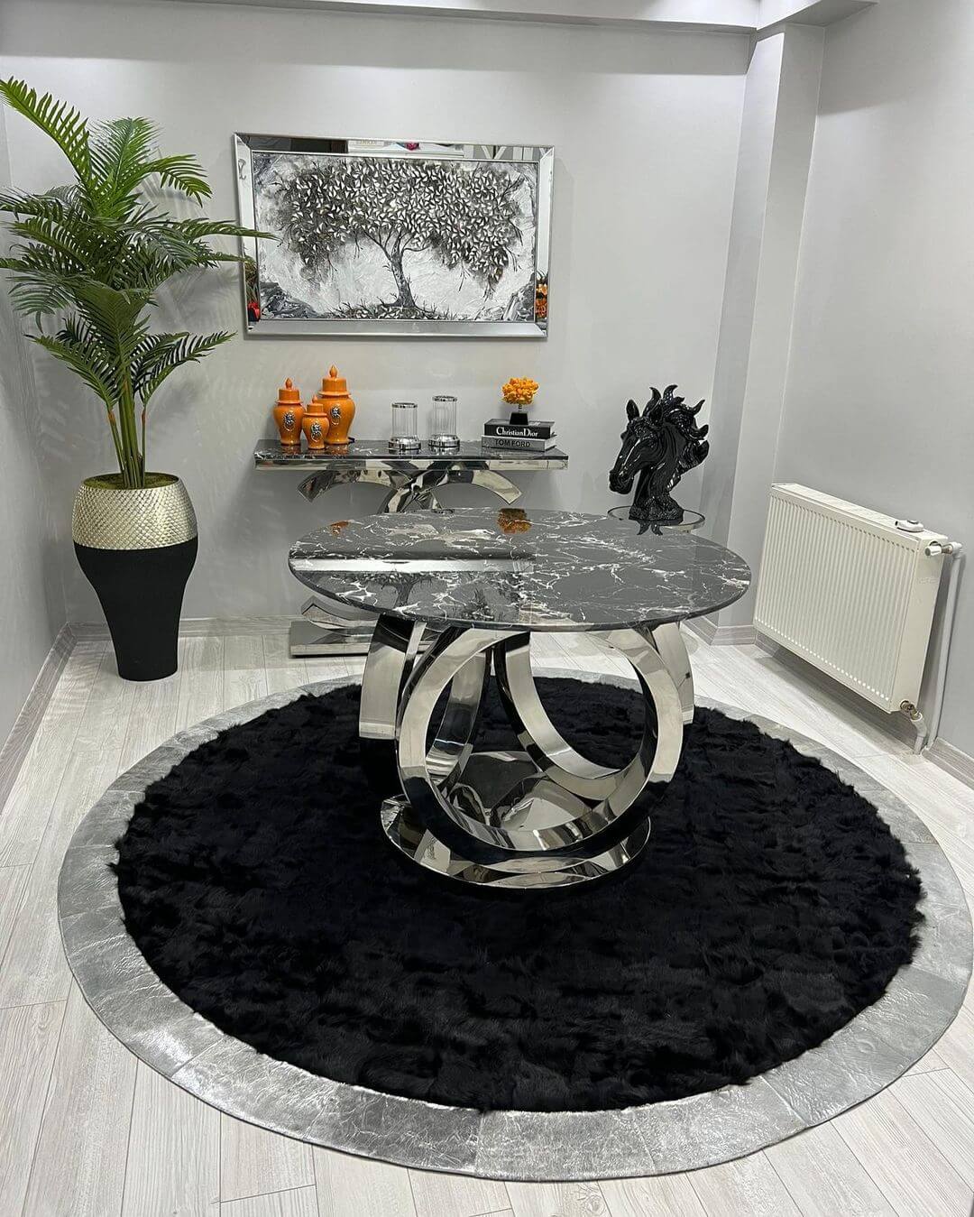 Natural Black Silver Sheepskin Round Area Rug, Fur Rug for Living Room