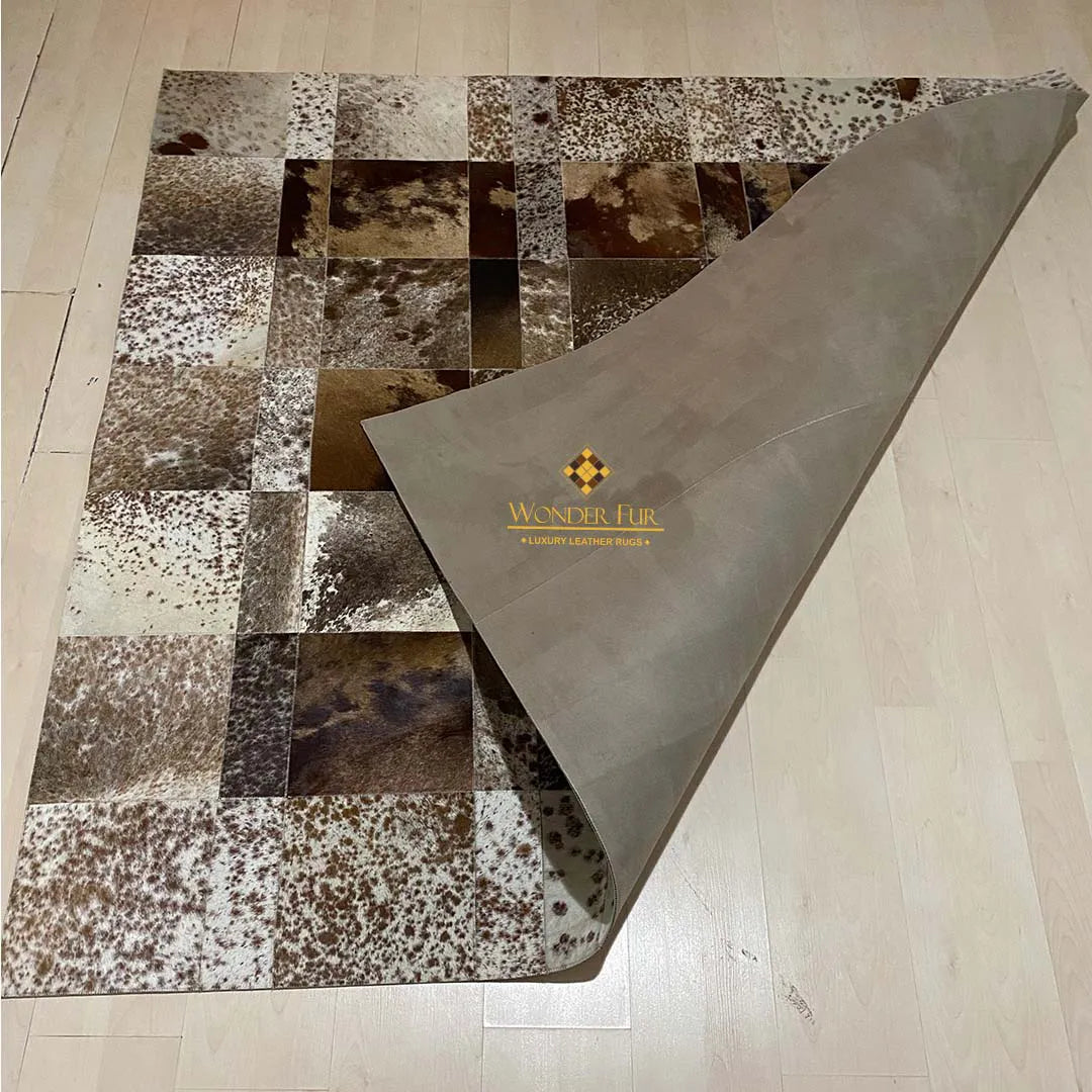 Mixed Brown Natural Leather Cowhide Patchwork Square Area Rug 100% Natural Leather Carpet