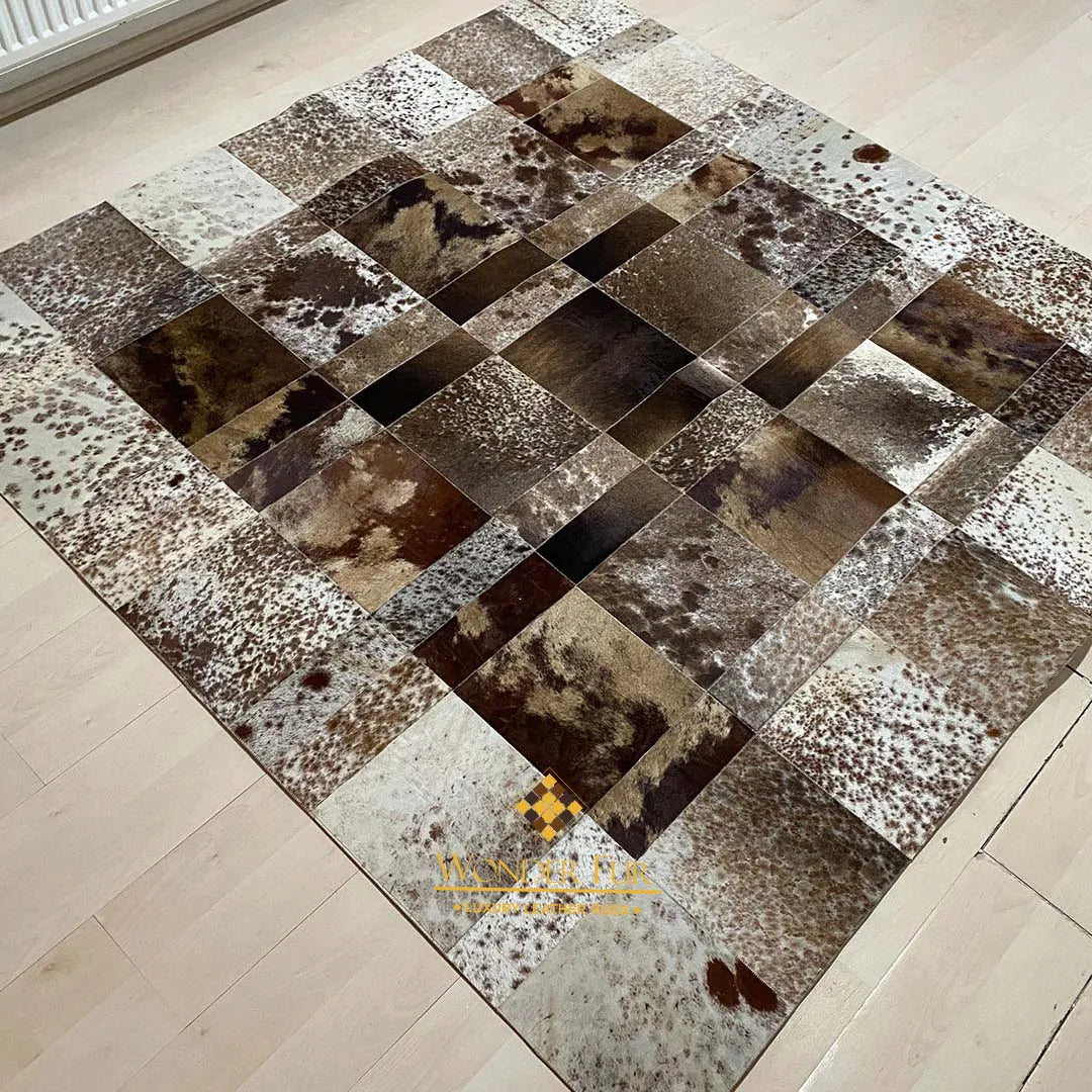 Mixed Brown Natural Leather Cowhide Patchwork Square Area Rug 100% Natural Leather Carpet