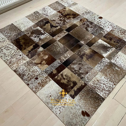 Mixed Brown Natural Leather Cowhide Patchwork Square Area Rug 100% Natural Leather Carpet